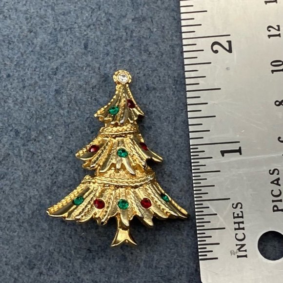 Christmas Pin Brooch Tree Gold Detailed Rhinestone Topper Green Red Ornaments - Picture 7 of 8